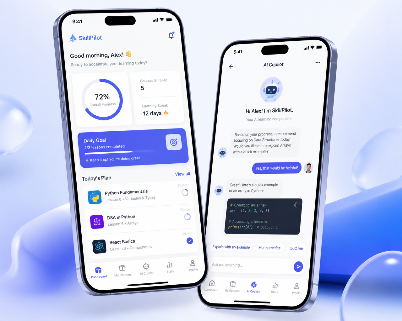 SkillPilot AI mobile app showing dashboard and AI copilot chat